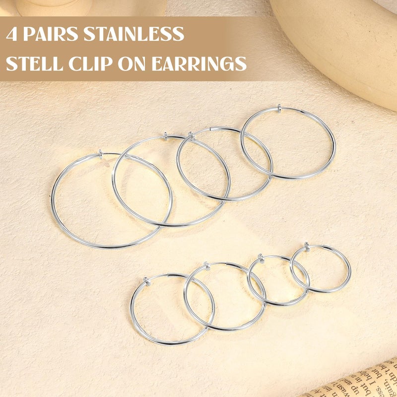 LOYALLOOK 4 Pairs Stainless Steel Clip On Hoop Earrings for Women Fake Hoop Earrings Spring Hoop Earrings For Non-Pierced Ears - Image 4